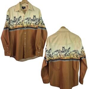 Roper Cream Brown Black Wolf Pack Vintage Western Snap Button Shirt Men's Large